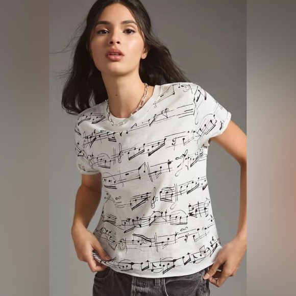 Maeve Tops - Maeve Anthropologie White Music Note Graphic Tee Artsy Cropped XS